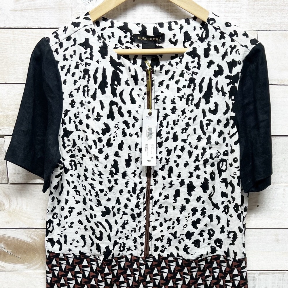 Linen Dress Womens Medium Black Brown Animal Print Boho Sheath Artsy - Picture 2 of 11